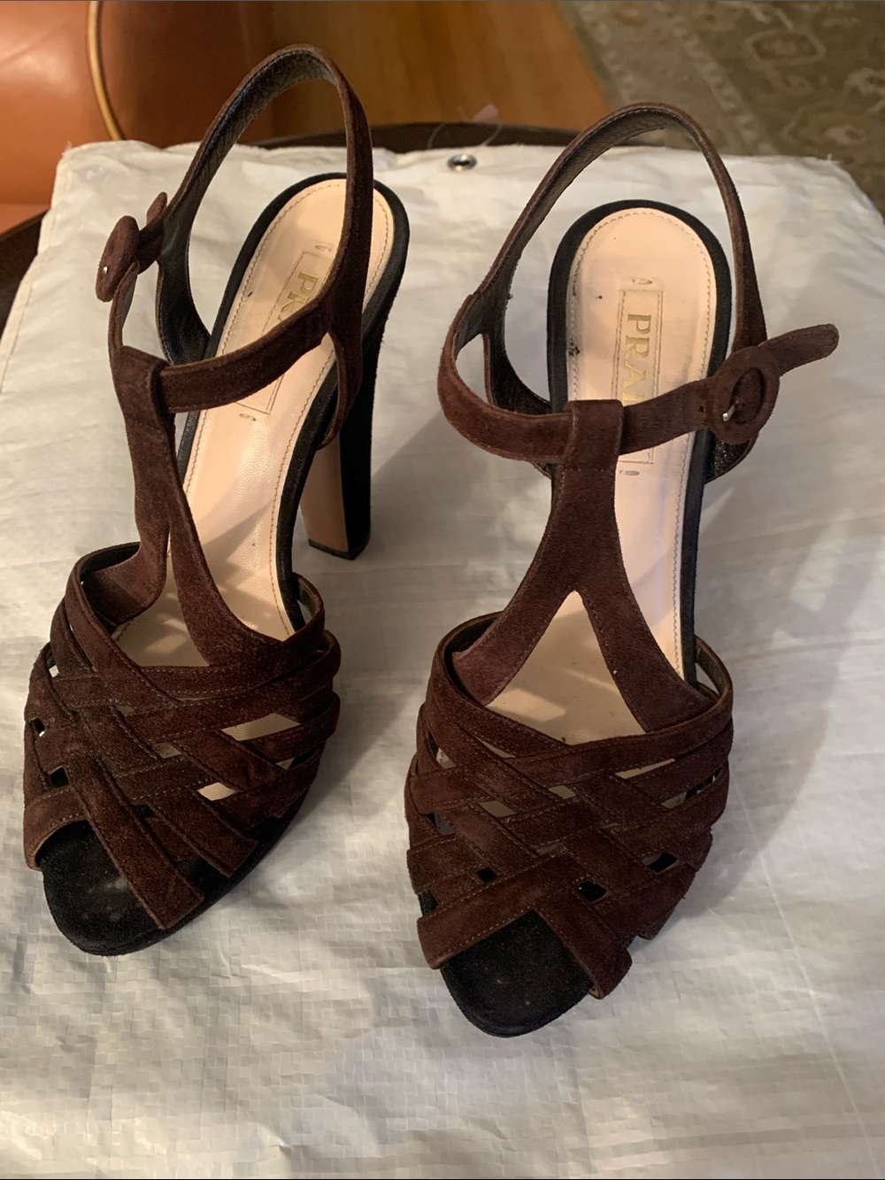 Prada Dark Brown Suede Woven T-Strap High Heels